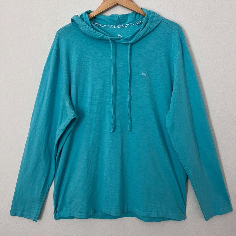 Tommy Bahama Shirt Men XL Blue Solid Hoodie Long Sleeve Logo Pullover